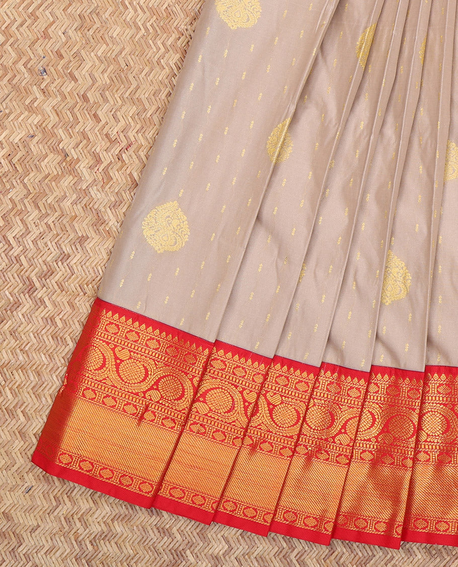 Grey Budget Silk Saree, Detailed with Zari Buttas, a Contrast Traditional Zari Border, Grand Pallu, and a Contrast Blouse