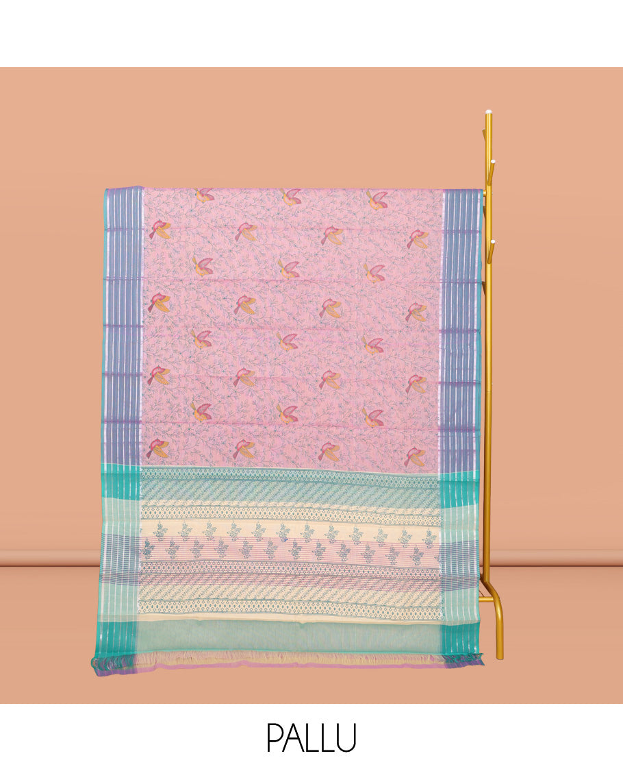 Pink Chirala Cotton Saree, Adorned with Floral-Bird Print, a Contrast Border, Printed Pallu, and a Matching Blouse