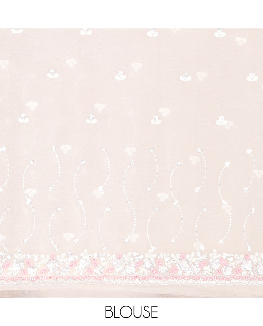 Cream stone & pink thread embroidered designer saree, scallop stone & thread embroidered border