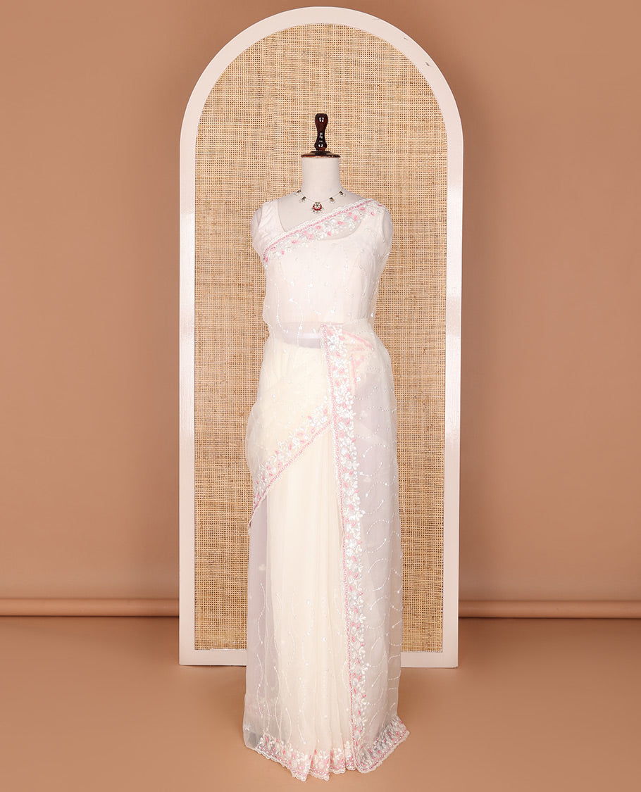 Cream stone & pink thread embroidered designer saree, scallop stone & thread embroidered border