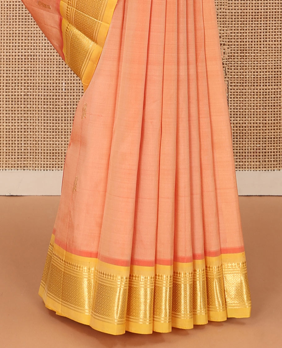 Sandal zari buttas Kanchipuram silk saree, contrast border of panner sombu, banaras and mayil kann, and zari design pallu