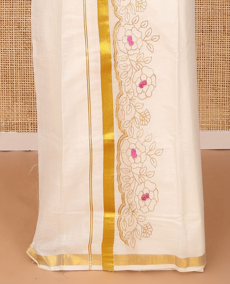 Cream plain Kerala mundu set with rose motifs micro-stone & pink thread embroidered border