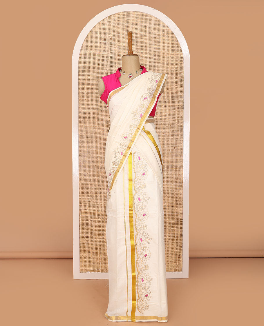 Cream plain Kerala mundu set with rose motifs micro-stone & pink thread embroidered border