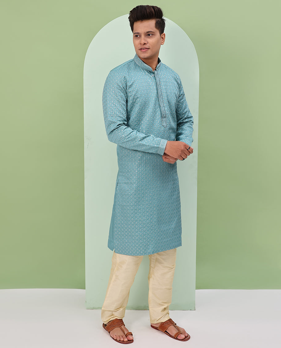 Blue sequins and thread jaal design embroidered full-sleeved readymade kurta