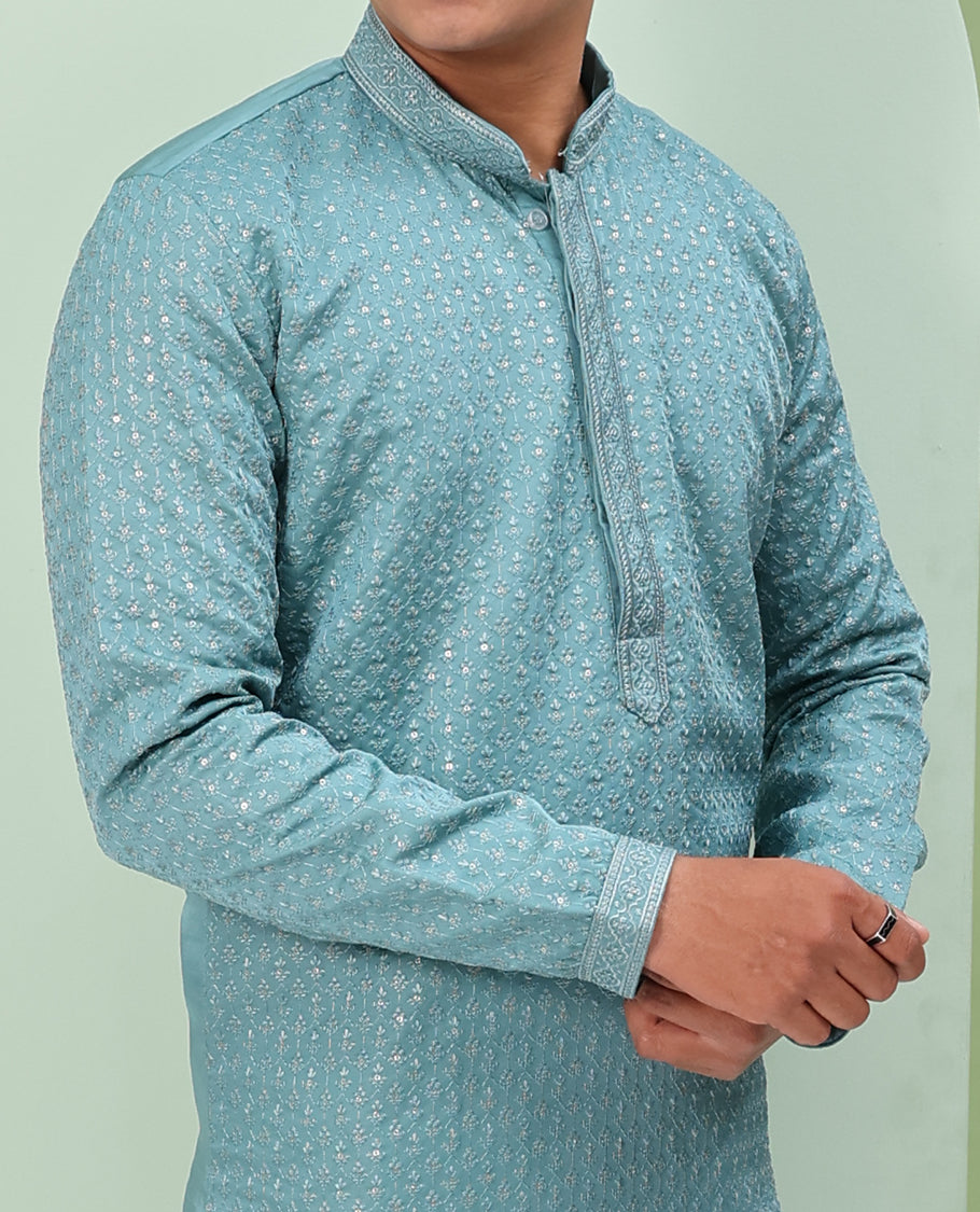 Blue sequins and thread jaal design embroidered full-sleeved readymade kurta