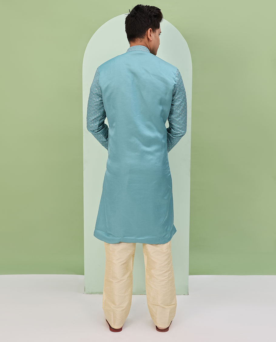 Blue sequins and thread jaal design embroidered full-sleeved readymade kurta