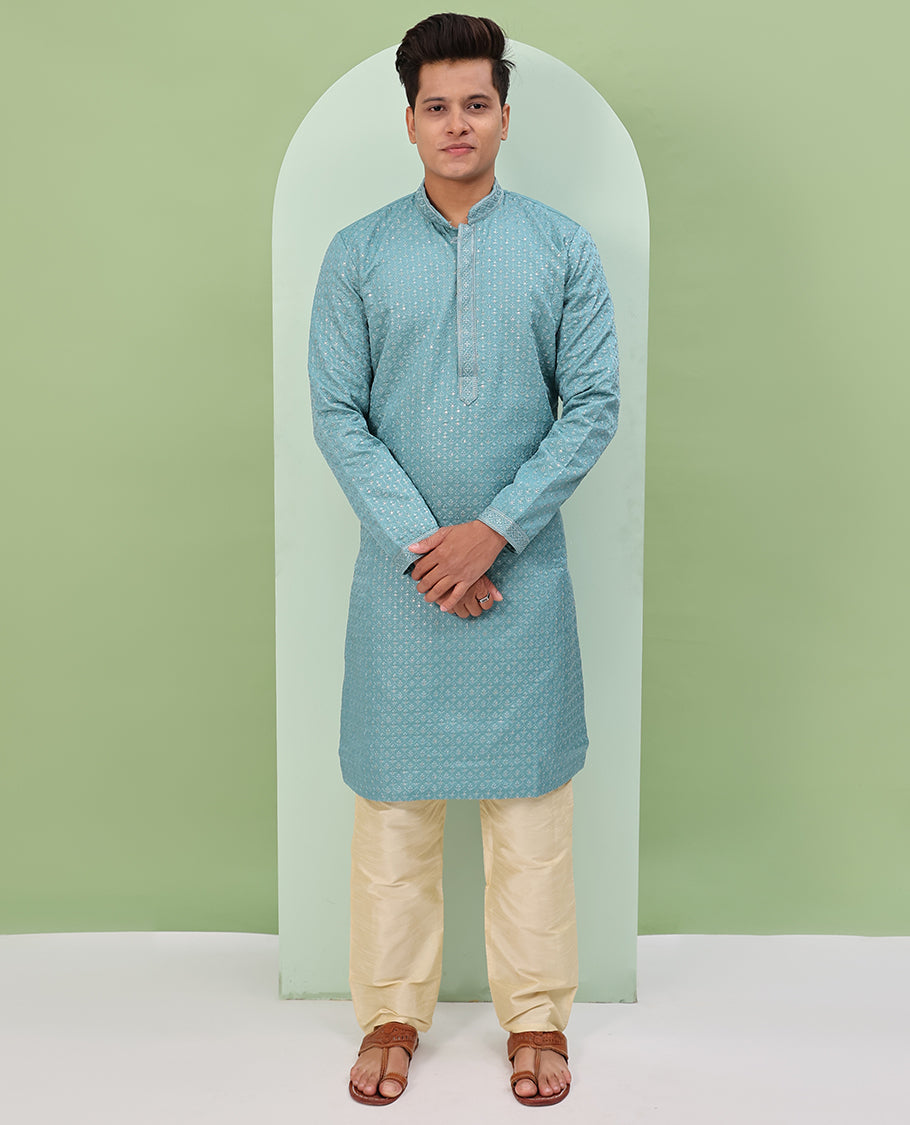 Blue sequins and thread jaal design embroidered full-sleeved readymade kurta