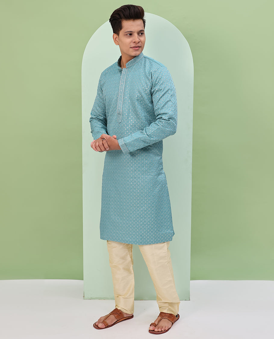 Blue sequins and thread jaal design embroidered full-sleeved readymade kurta