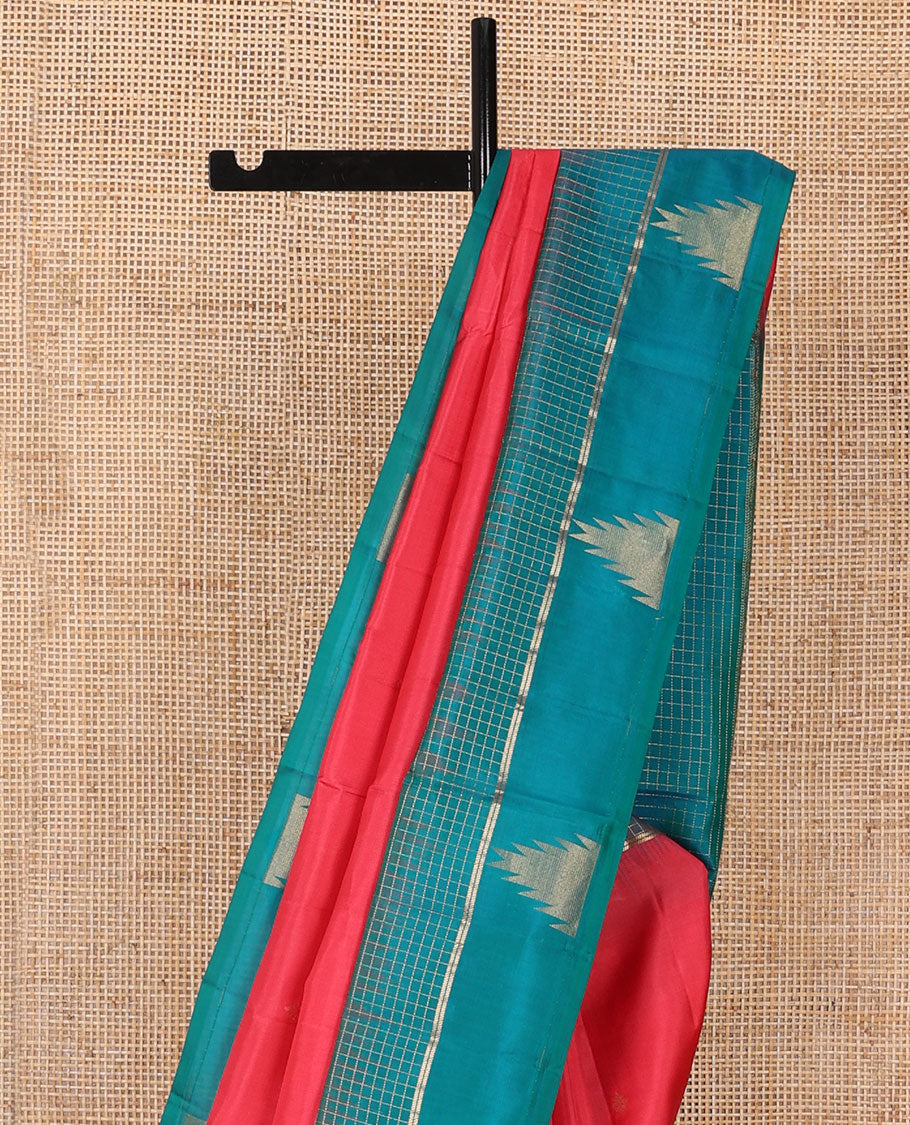 Red zari buttas soft silk saree, contrast zari checked border of banaras & thazampoo rekku designs & geometric patterned pallu