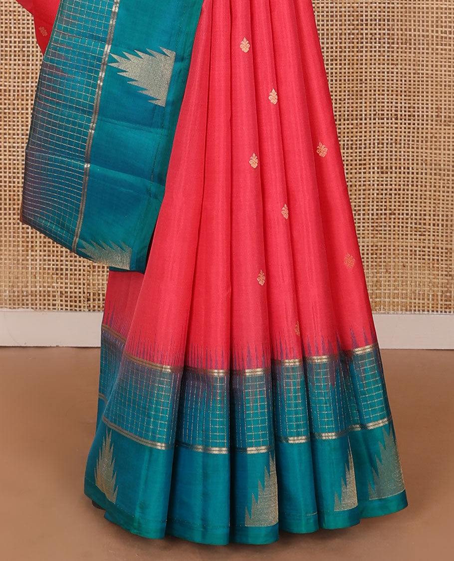 Red zari buttas soft silk saree, contrast zari checked border of banaras & thazampoo rekku designs & geometric patterned pallu
