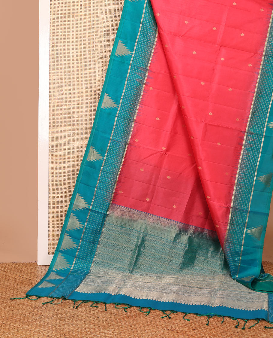 Red zari buttas soft silk saree, contrast zari checked border of banaras & thazampoo rekku designs & geometric patterned pallu
