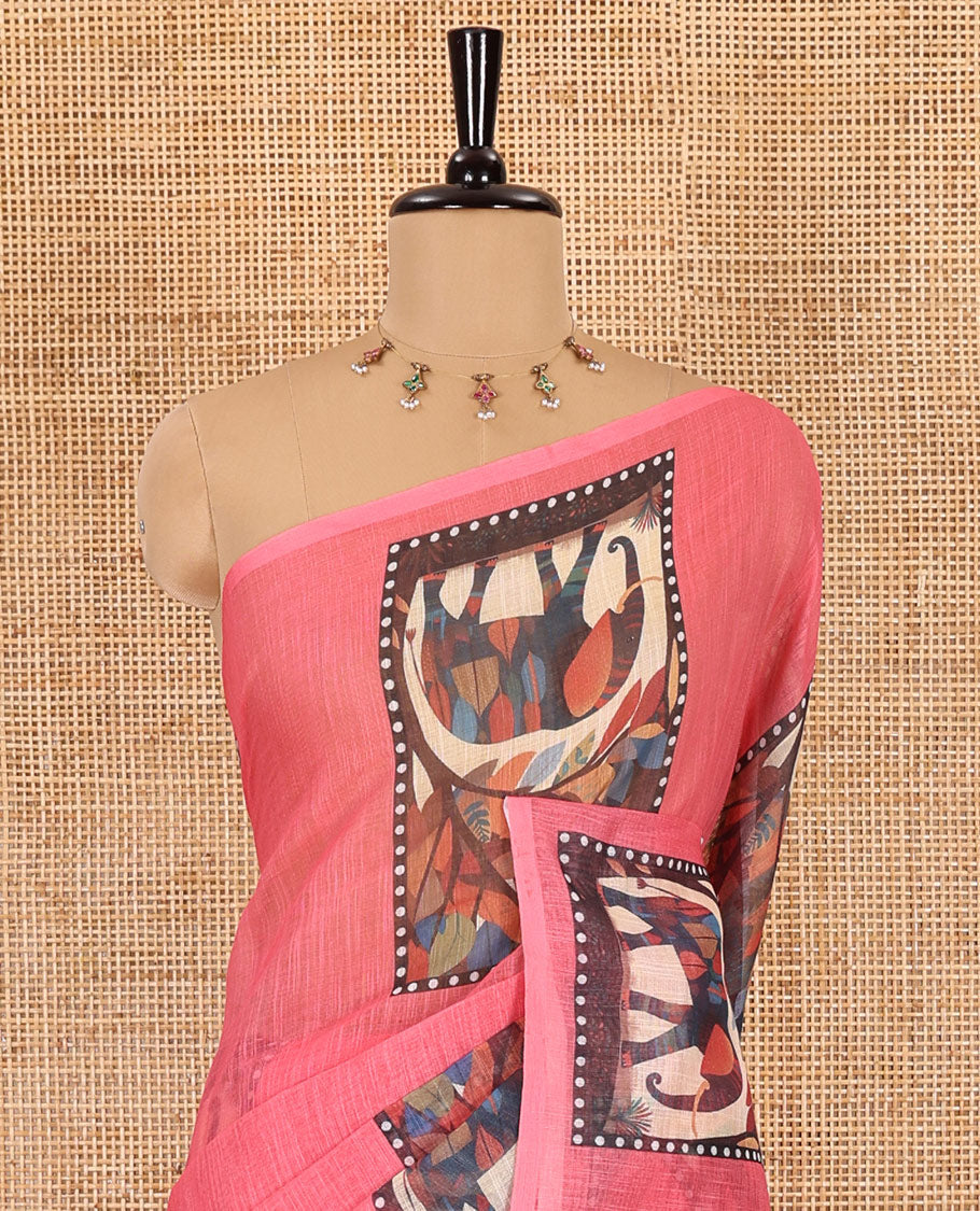 Pink plain linen cotton saree, mordern art style elephant motifs printed border, elephant printed pallu, and a leaf printed blouse
