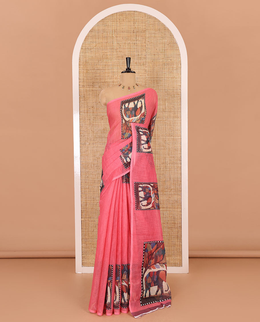 Pink plain linen cotton saree, mordern art style elephant motifs printed border, elephant printed pallu, and a leaf printed blouse