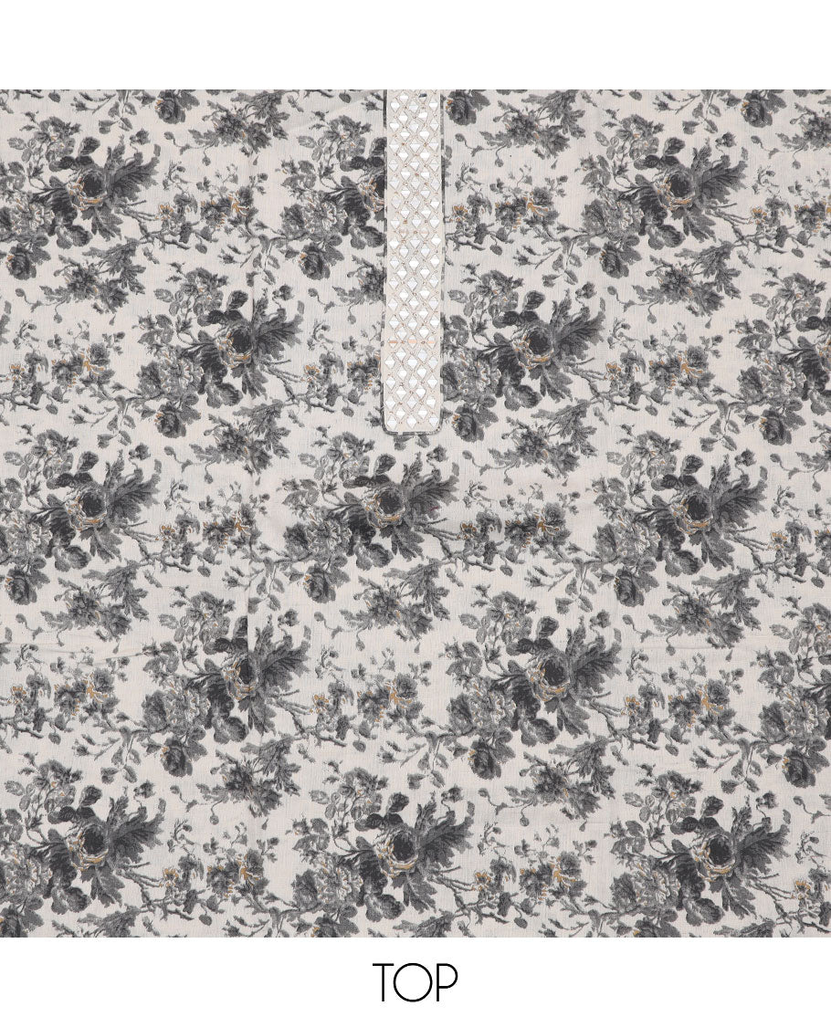 White material churidar set, floral with mirror embroidered top, contrast plain bottom, and kota chex dupatta of floral motifs embroidery, and lace work