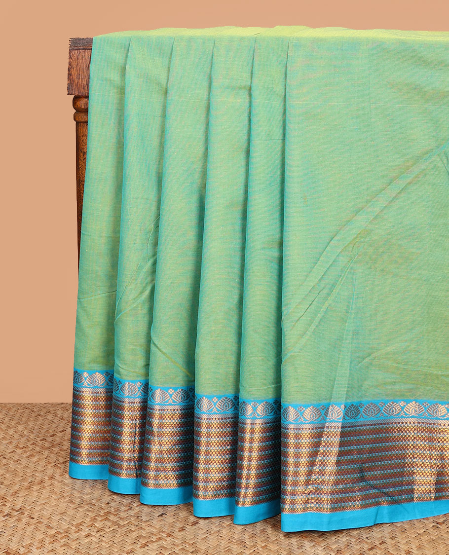 Green plain Venkatagiri cotton saree, contrast traditional zari design border, and striped pallu