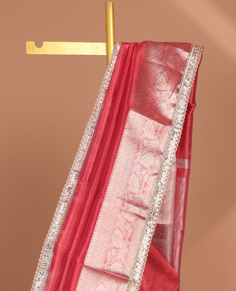 Red tissue saree with self zari design border & intricate zari design pallu