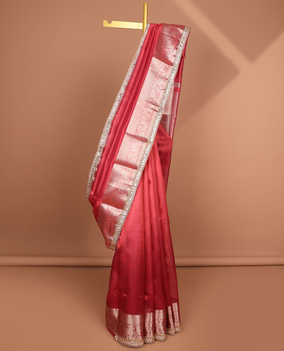 Red tissue saree with self zari design border & intricate zari design pallu