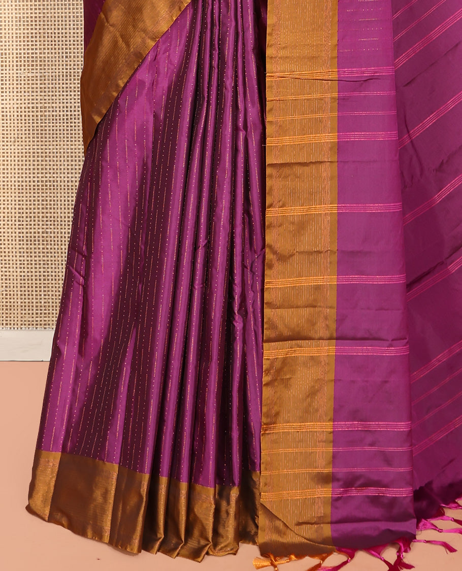 Purple Aarani Silk Saree, Elevated with Zari Stripes All Over Its Body, Complemented by a Contrast Zari Stripes Border, Pallu of Stripes, and Paired with a Matching Blouse