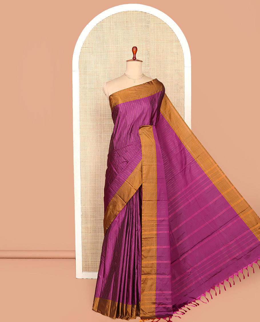 Purple Aarani Silk Saree, Elevated with Zari Stripes All Over Its Body, Complemented by a Contrast Zari Stripes Border, Pallu of Stripes, and Paired with a Matching Blouse