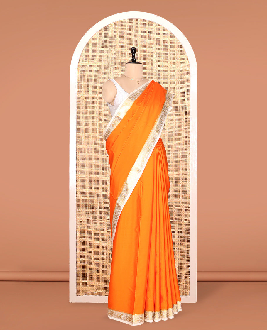 Orange Plain Mysore Silk Saree, Complemented by a Contrast Elephant Zari Border, Zari Design Pallu, and a Contrast Blouse