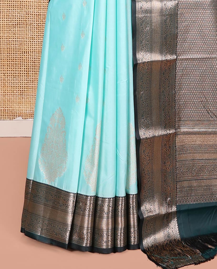 Blue Budget Silk Saree, Sparsely Woven with Zari Buttas All Over Its Body, Complemented by a Contrast Traditional Zari Design Border, Jaal Design Pallu, and Paired with a Contrast Blouse