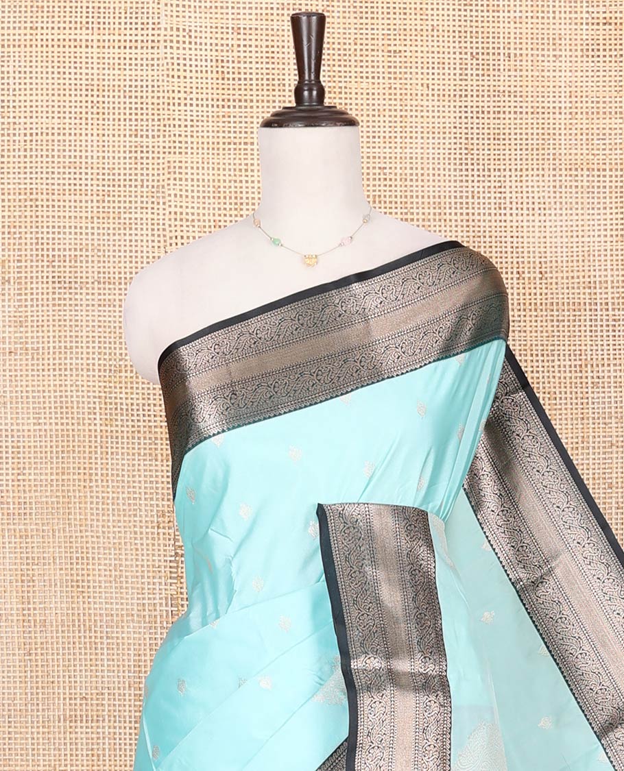 Blue Budget Silk Saree, Sparsely Woven with Zari Buttas All Over Its Body, Complemented by a Contrast Traditional Zari Design Border, Jaal Design Pallu, and Paired with a Contrast Blouse