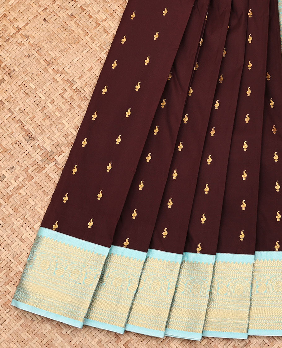 Brown Budget Silk Saree, Detailed with Zari Buttas All Over Its Body, Complemented by a Contrast Traditional Zari Design Border, Grand Jaal Pallu, and Paired with a Contrast Blouse