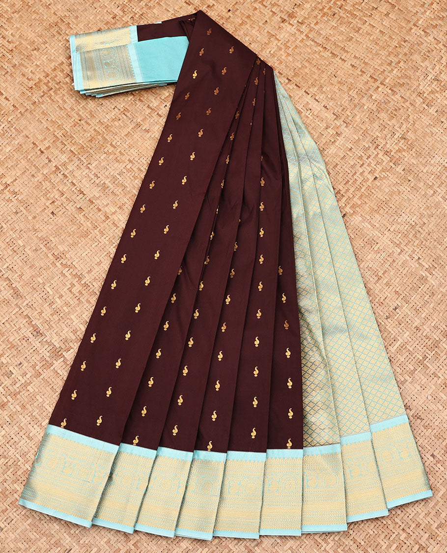Brown Budget Silk Saree, Detailed with Zari Buttas All Over Its Body, Complemented by a Contrast Traditional Zari Design Border, Grand Jaal Pallu, and Paired with a Contrast Blouse