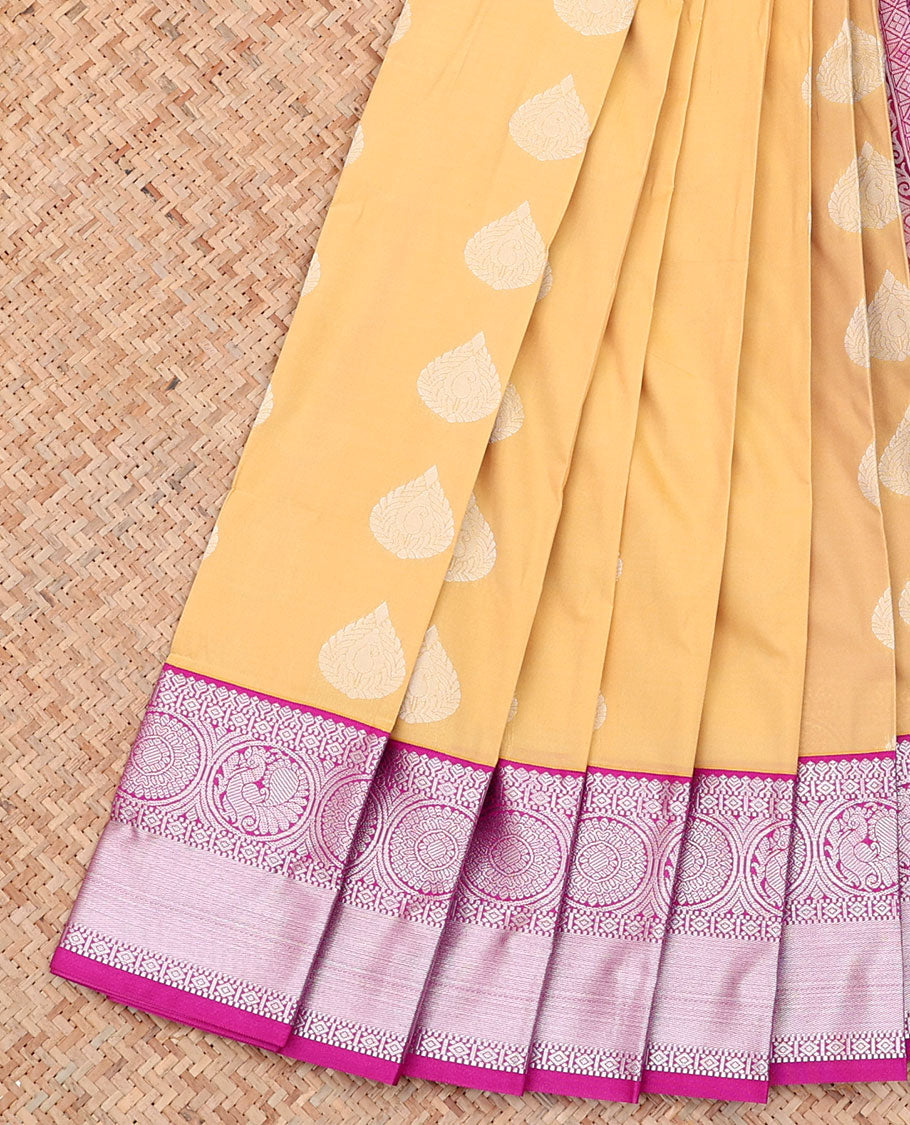 Sandal Budget Silk Saree, Detailed with Zari Buttas on Its Body, Complemented by a Contrast Traditional Zari Design Border, Grand Jaal Pallu, and Paired with a Contrast Blouse