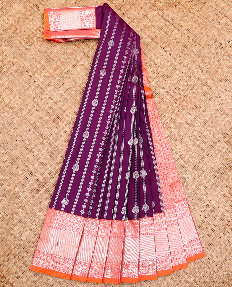 Purple Budget Silk Saree, Spotlighted with Zari Designs All Over Its Body, Complemented by a Contrast Traditional Zari Design Border, Grand Pallu, and Paired with a Contrast Blouse
