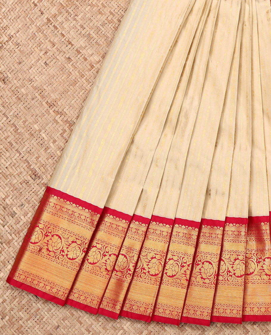 Sandal Budget Silk Saree, Sparsely Woven with Zari Stripes, Complemented by a Contrast Traditional Zari Border, Grand Pallu, and a Contrast Blouse