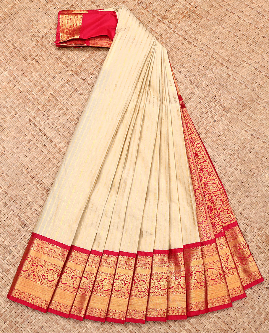 Sandal Budget Silk Saree, Sparsely Woven with Zari Stripes, Complemented by a Contrast Traditional Zari Border, Grand Pallu, and a Contrast Blouse