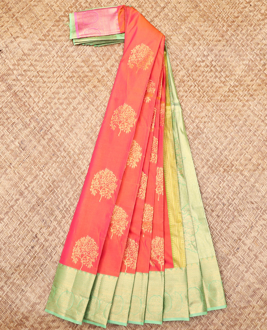 Orange Budget Silk Saree, Enriched with Tree Buttas, Complemented by a Contrast Traditional Zari Border, Intricate Pallu, and a Contrast Blouse