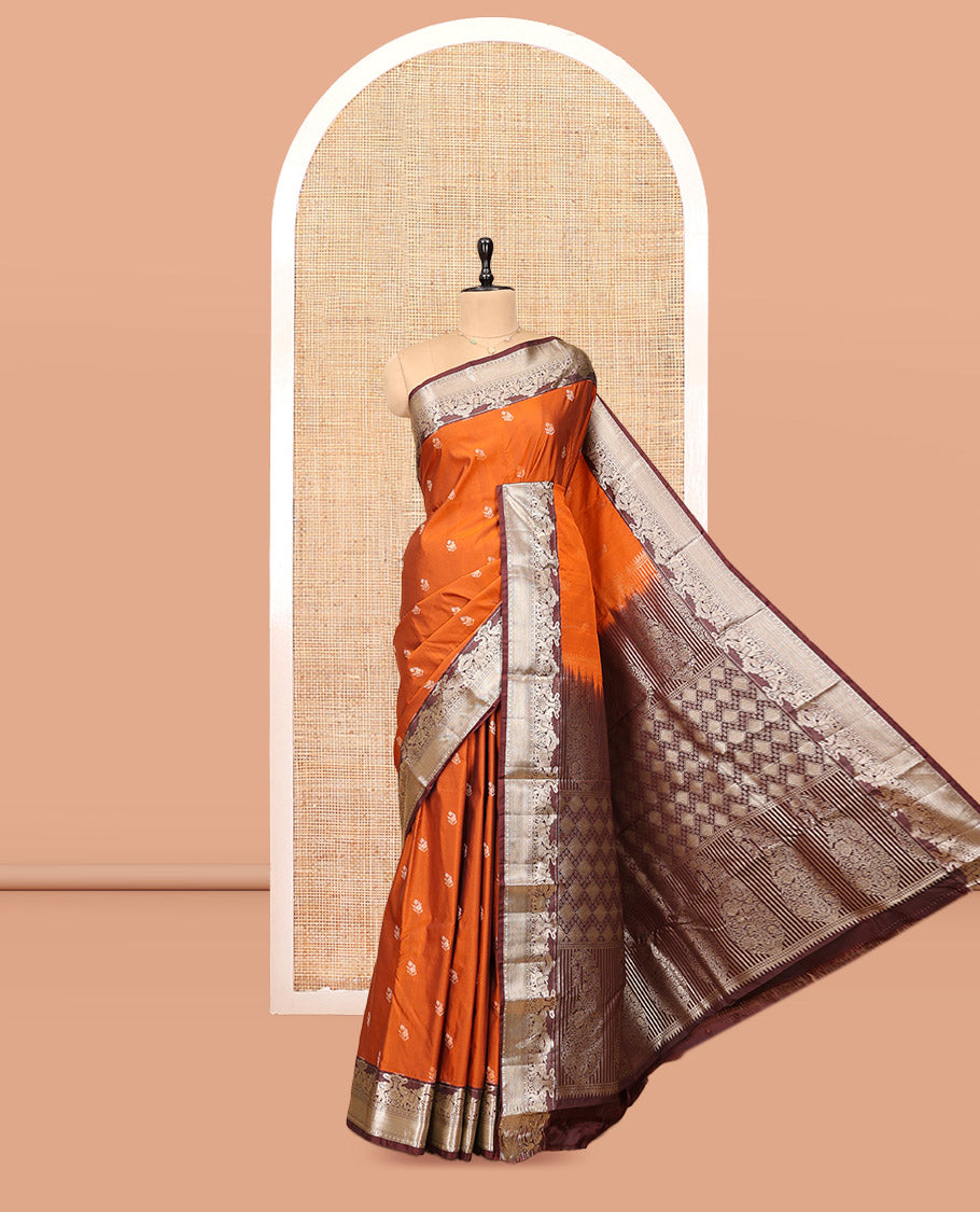 Orange Budget Silk Saree, Delicately Woven with Zari Buttas, Complemented by Contrast Traditional Zari Border, Pallu of Jaal and Paisleys, and Contrast Blouse