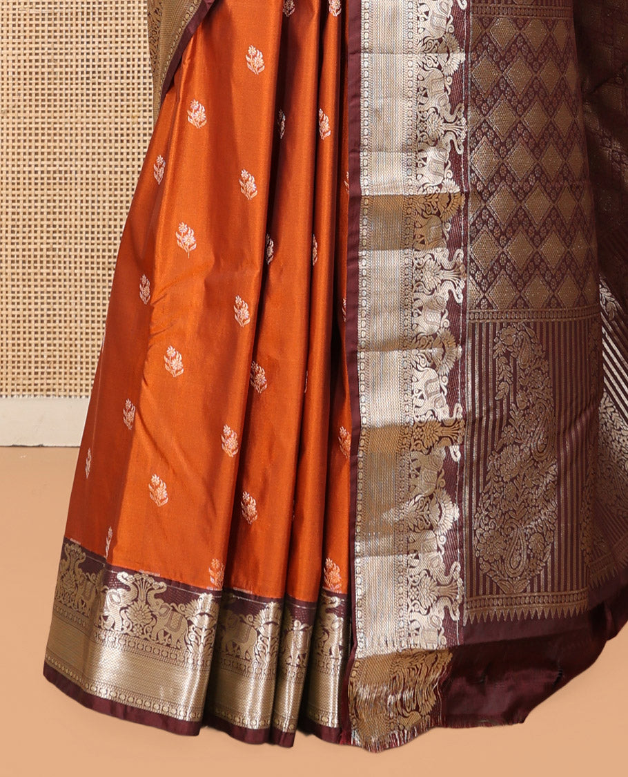 Orange Budget Silk Saree, Delicately Woven with Zari Buttas, Complemented by Contrast Traditional Zari Border, Pallu of Jaal and Paisleys, and Contrast Blouse