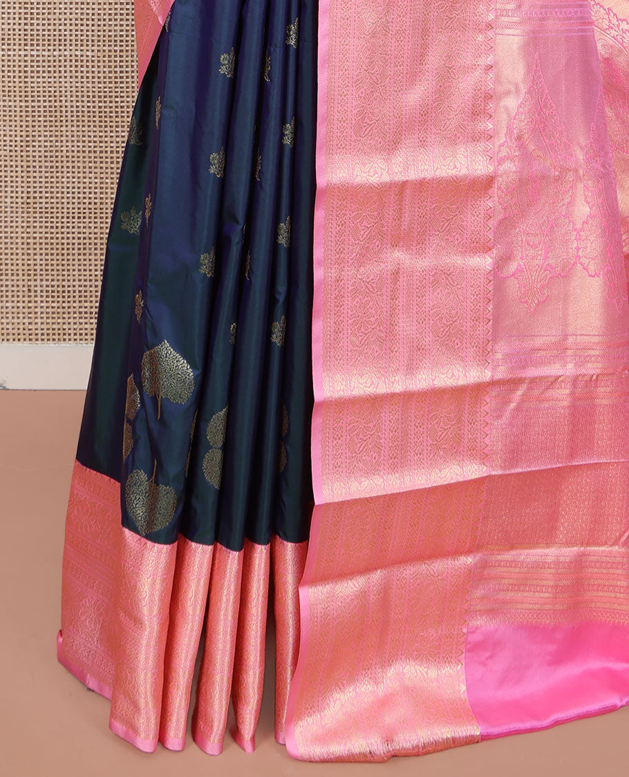Blue Budget Silk Saree, Steeped in the Richness of Tree Buttas All Over Its Body, Complemented by a Contrast Traditional Zari Design Border, Boldly Accentuated Pallu, and Paired with a Contrast Blouse