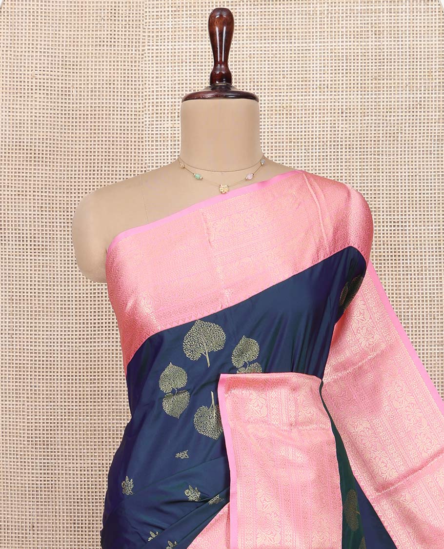 Blue Budget Silk Saree, Steeped in the Richness of Tree Buttas All Over Its Body, Complemented by a Contrast Traditional Zari Design Border, Boldly Accentuated Pallu, and Paired with a Contrast Blouse
