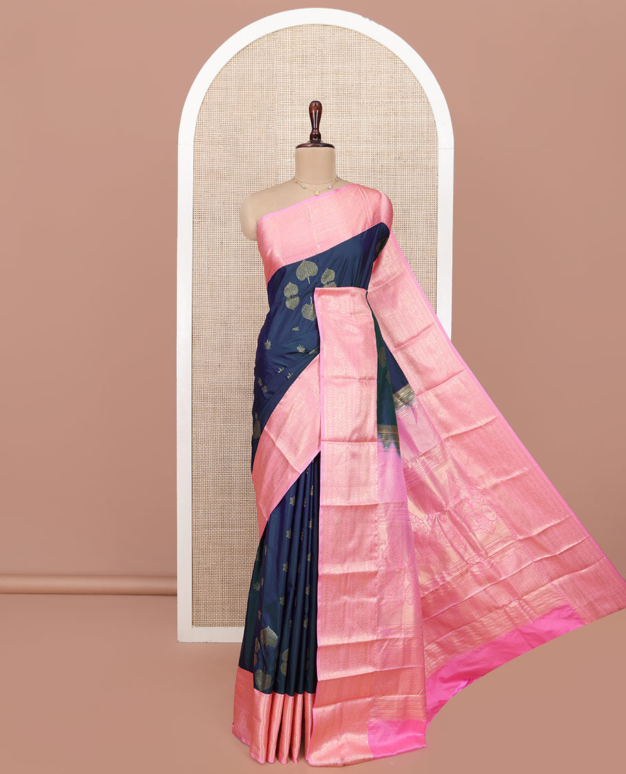 Blue Budget Silk Saree, Steeped in the Richness of Tree Buttas All Over Its Body, Complemented by a Contrast Traditional Zari Design Border, Boldly Accentuated Pallu, and Paired with a Contrast Blouse