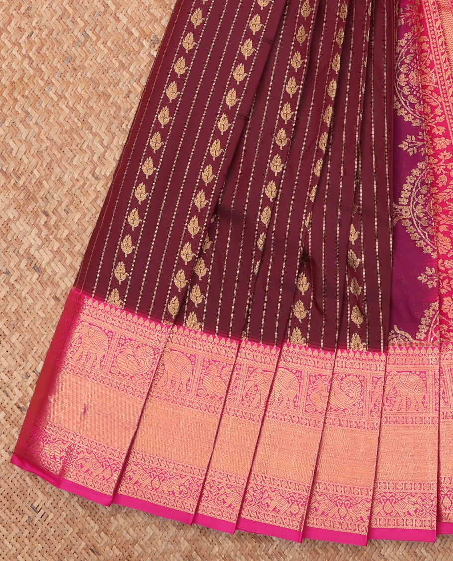 Maroon Budget Silk Saree, Mesmerized with Zari Buttas and Stripes All Over Its Body, Complemented by Contrast Traditional Zari Designs Woven Border, Grand Pallu and Paired with a Contrast Blouse