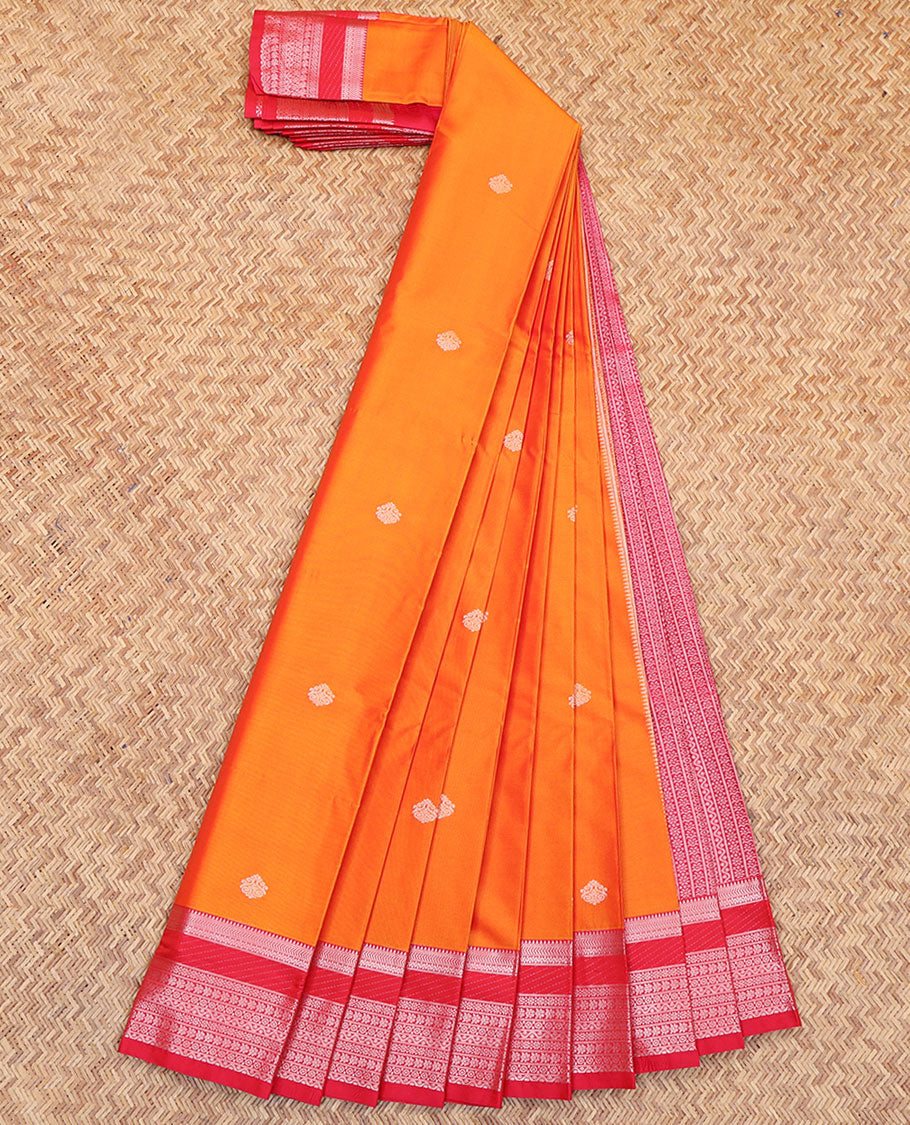 Orange Budget Silk Saree, Beautifully Bedecked with Zari Buttas All Over Its Body, Complemented by a Contrast Traditional Zari Design Border, Intricately Designed Pallu, and Paired with a Contrast Blouse