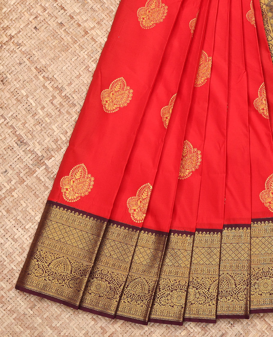 Red Budget Silk Saree, Finely Woven with Zari Buttas All Over Its Body, Complemented by a Contrast Traditional Zari Design Border, Grand Jaal Pallu, and Paired with a Contrast Blouse