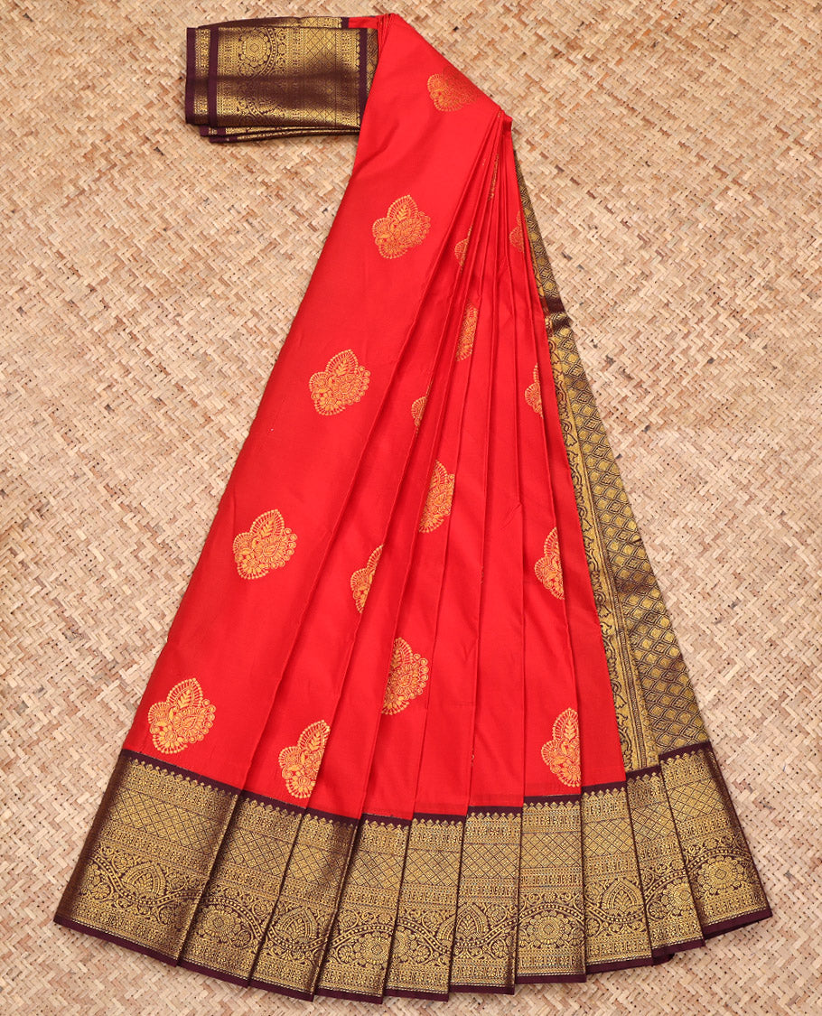 Red Budget Silk Saree, Finely Woven with Zari Buttas All Over Its Body, Complemented by a Contrast Traditional Zari Design Border, Grand Jaal Pallu, and Paired with a Contrast Blouse