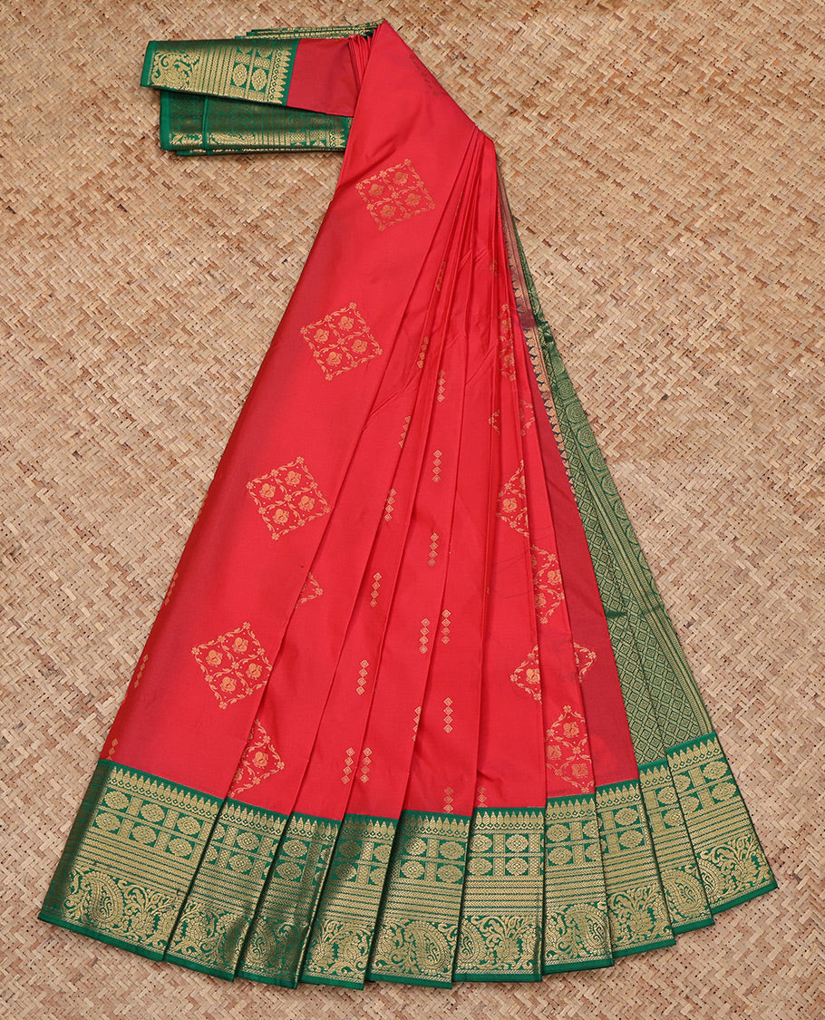 Red Budget Silk Saree, Enlivened with Zari Buttas All Over Its Body, Complemented by a Contrast Traditional Zari Design Border, Grand Jaal Pallu, and Paired with a Contrast Blouse