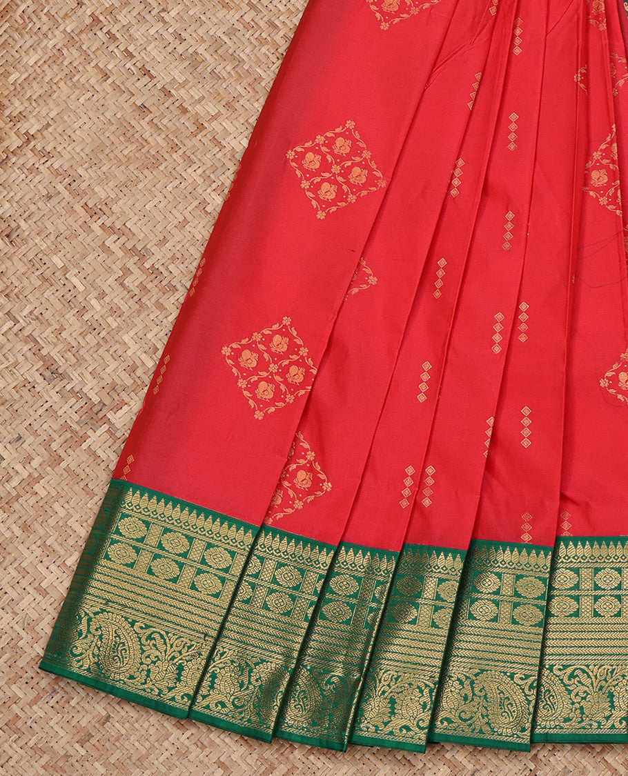 Red Budget Silk Saree, Enlivened with Zari Buttas All Over Its Body, Complemented by a Contrast Traditional Zari Design Border, Grand Jaal Pallu, and Paired with a Contrast Blouse