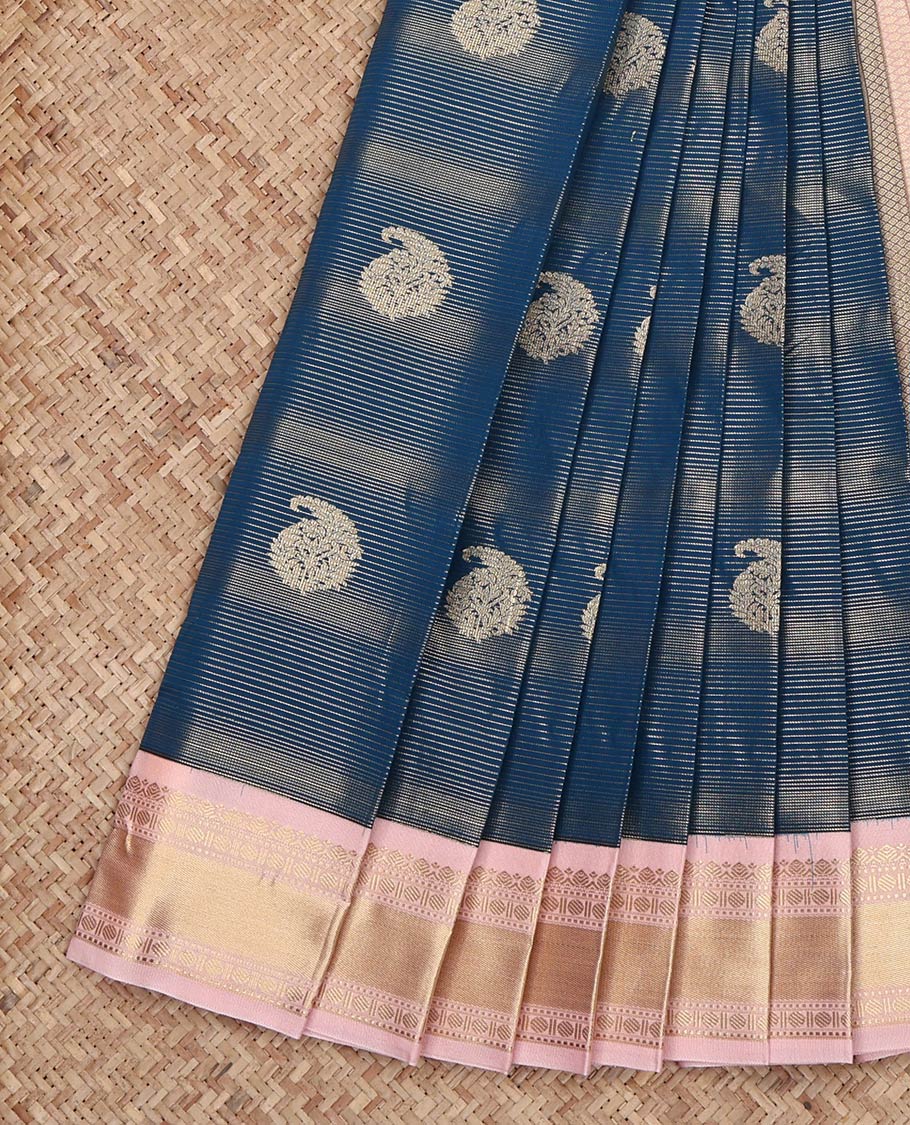 Blue Budget Silk Saree, Richly Detailed with Zari Buttas and Zari Stripes on Its Body, Complemented by a Contrast Traditional Zari Design Border, Grand Jaal Pallu, and Paired with a Contrast Blouse