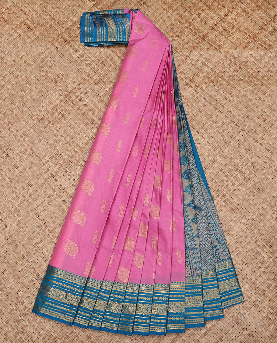 Pink Budget Silk Saree, Crafted with Zari Buttas All Over Its Body, Complemented by a Contrast Traditional Zari Design Border, Grand Diagonally Striped Pallu, and Paired with a Contrast Blouse