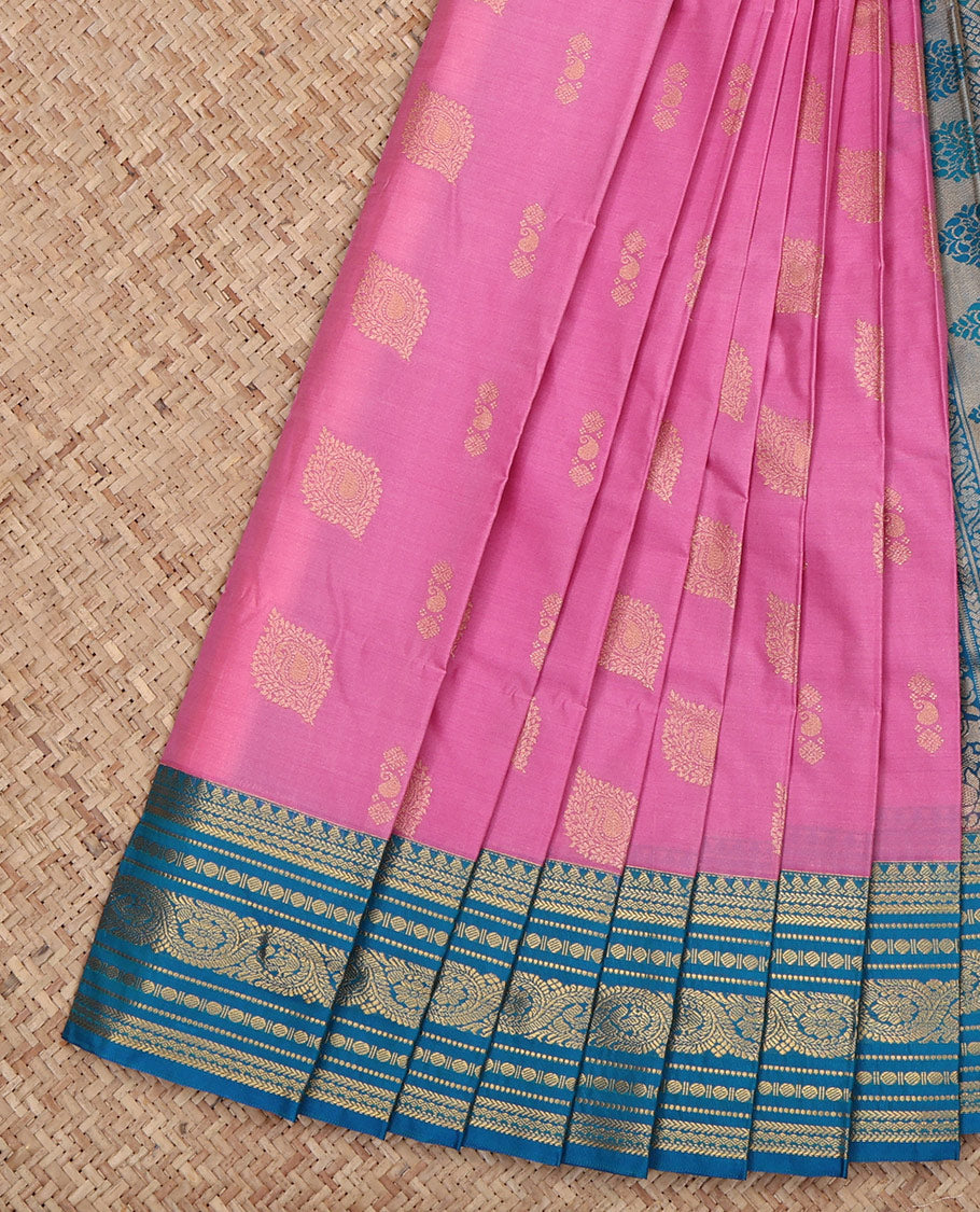 Pink Budget Silk Saree, Crafted with Zari Buttas All Over Its Body, Complemented by a Contrast Traditional Zari Design Border, Grand Diagonally Striped Pallu, and Paired with a Contrast Blouse