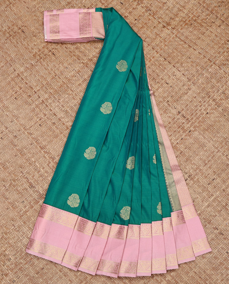 Green Budget Silk Saree, Detailed with Zari Buttas on Its Body, Complemented by a Contrast Traditional Zari Design Rettai Pettu Border, Pallu of Jaal Designs, and Paired with a Contrast Blouse