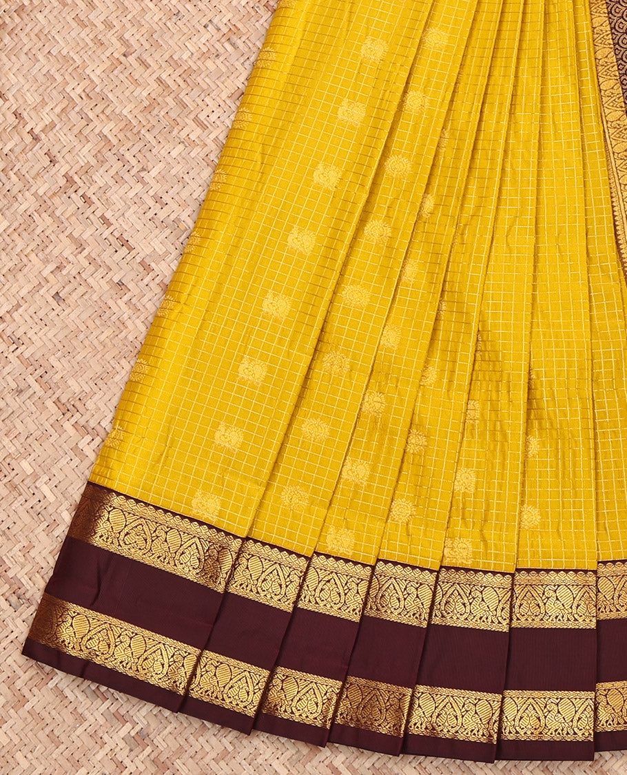 Yellow Budget Silk Saree, Sparsely Woven with Zari Buttas and Checks, Complemented by a Contrast Traditional Zari Design Rettai Pettu Border, Grand Pallu, and a Contrast Blouse