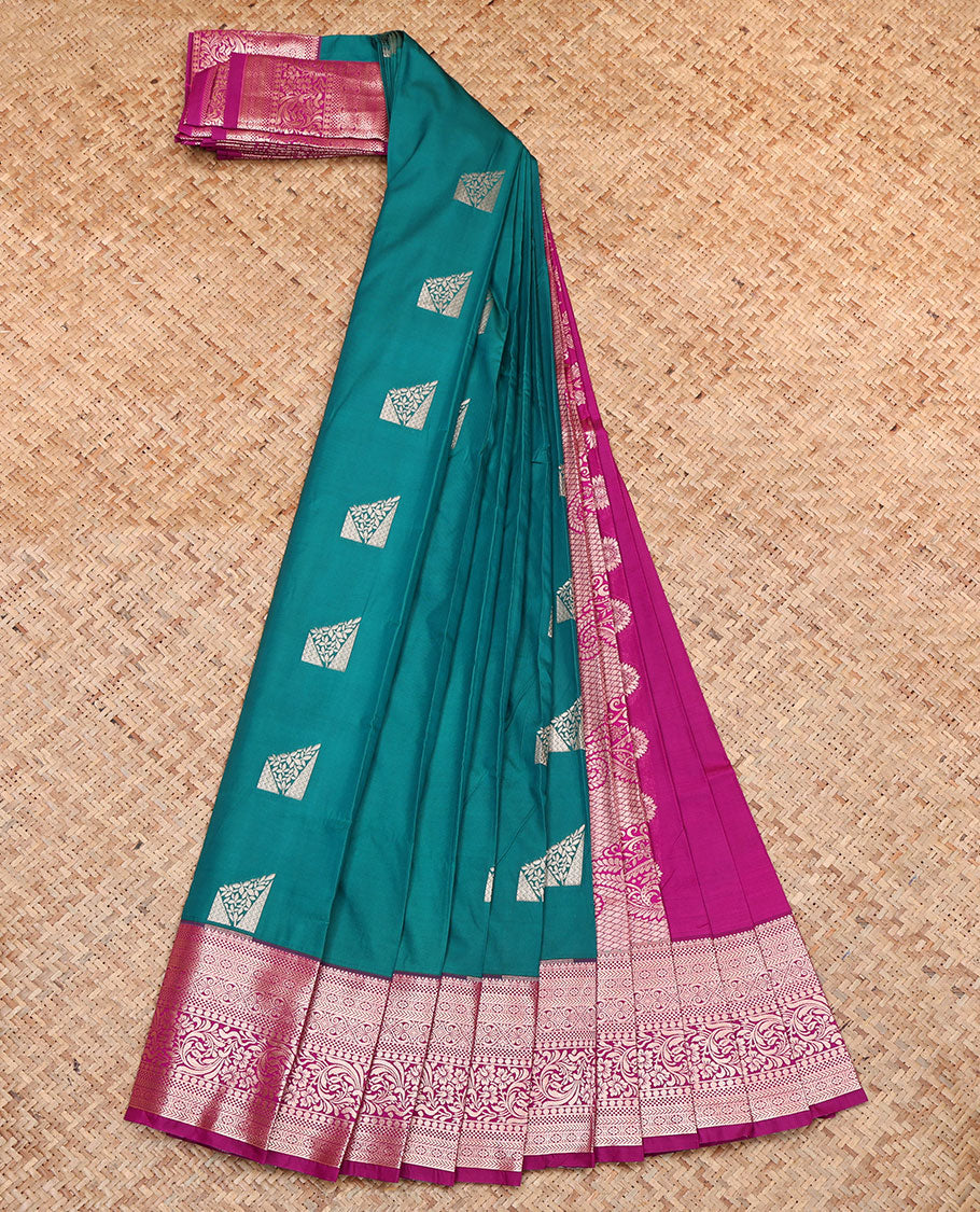 Green Budget Silk Saree, Detailed with Zari Buttas, Complemented by a Contrast Traditional Zari Border, Pallu of Paisleys, and a Contrast Blouse